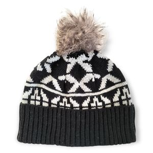 PISTIL "Ava" Nordic Knit Fuzzy Pom Black and White Women's Beanie